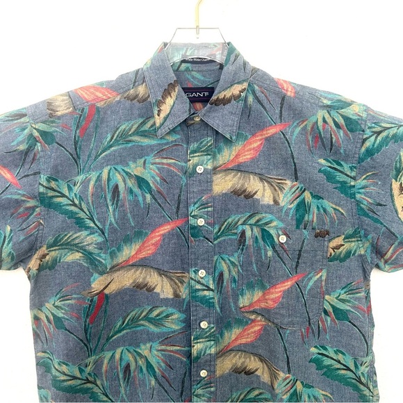 GANT White Water Chambray Short Sleeve Shirt Floral 100% Cotton Blue Size Medium - Picture 3 of 13